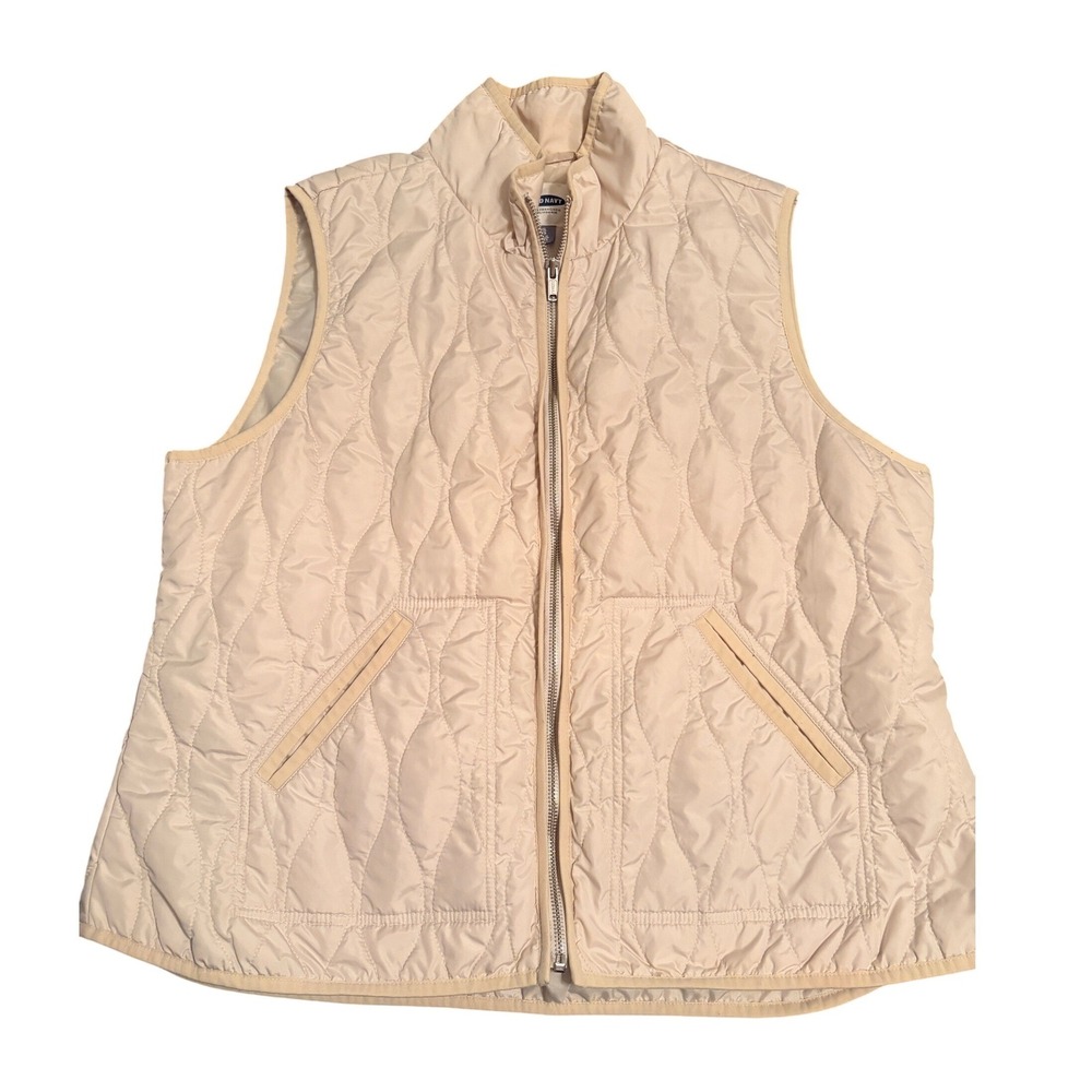 Old Navy Quilted Vest Womens XL Cream Canvas Full Zip Mock Neck Puffer Vest